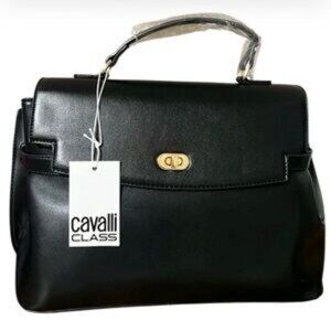NWT- CAVALLI TATIANA LARGE BLACK POLISHED STRUCTURED BAG WITH TOP HANDLE